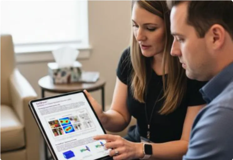 A clinician and a parent review an EarliPoint report on a tablet